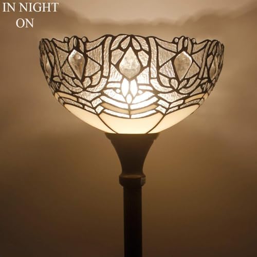 WERFACTORY Tiffany Floor Lamp White Crystal Stained Glass Torchiere Light | 12X12X71 Inches Pole Standing Corner Torch Uplight Decor Bedroom Living