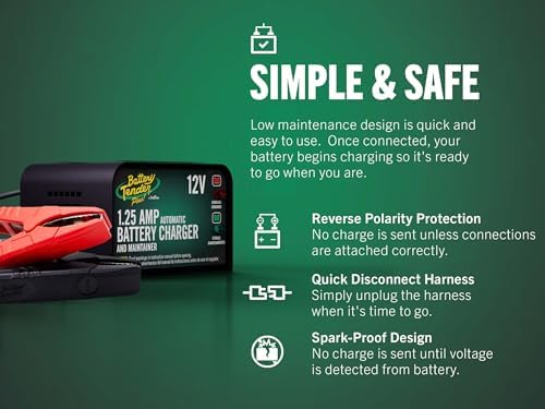 Battery Tender Plus 12V 1.25 AMP Car & Motorcycle Battery Charger and Maintainer, Float Charge for Automotive