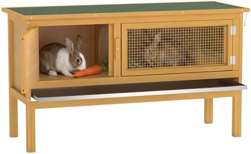 PawHut Wooden Rabbit Hutch Bunny Cage Openable Waterproof Roof for Rabbits | No Leak Tray, Solid Fir Wood Build, for Chickens, Ducks, Indoor/Outdoor