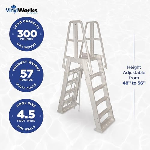 SLA A-Frame 48 to 56 Inch Adjustable Above Ground Swimming Pool Ladder Entry System with Slide Lock Barrier and Handrails, White