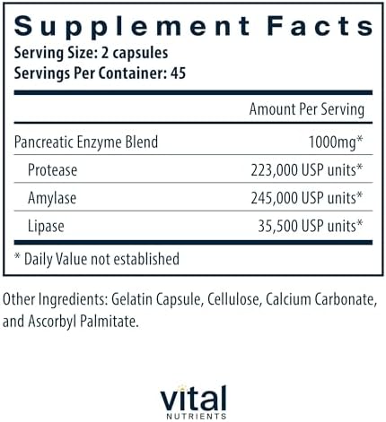 Vital Nutrients Pancreatic Enzymes 1000mg (Full Strength) - Pancreatin Digestion Supplement with Protease, Amylase & Lipase - Digestive Enzymes - Gluten, Dairy, and Soy Free - 90 Capsules