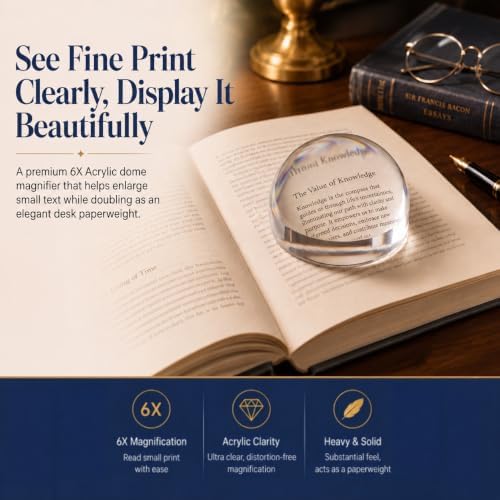 Dandelion 6X Dome/Paperweight Magnifier w/Pouch Table Magnifying | Diameter 2.5 inches,magnifying glass paperweight,reading magnifier for books,Suitable for viewing maps, blueprints