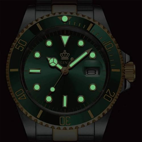 FANMIS Men's Two-Tone Stainless Steel Quartz Watch, Rotating Bezel and Date | Green Dial, Luminous Hands and Markers, Magnified Date Window, Fold-Over Safety Clasp, 30M Water Resistant for Everyday Wear.