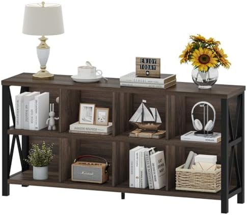 FATORRI 8 Cube Storage Organizer Bookshelf, 62 Inch Wood Horizontal Bookcase, Farmhouse Cube Long Book Shelf