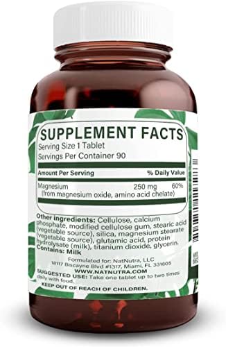 Natural Nutra Chelated Magnesium Oxide 250 mg - High Absorption for Strong Bones, Heart Health, Dental Health, Energy Boost, Gluten-Free, Non-GMO, 180 Tablets in BPA-Free Recyclable Glass Bottles