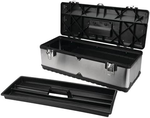 Performance Tool W54026 26 in. Steel Tool Box with Removable Tote | Heavy duty steel storage box and organizer. Recessed ergonomic comfort handle. Strong double latch with padlock eyehole