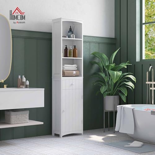 HOMCOM Bathroom Storage Cabinet Free Standing Bathroom Storage Unit White | Tall Linen Tower, 3-Tier Shelves, Drawer