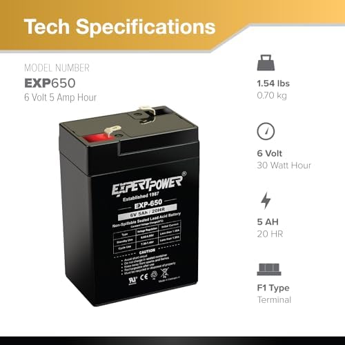 ExpertPower EXP650-6V 5Ah / 20HR SLA Rechargeable 6V Battery for Ride on Toys, Emergency Light, Exit Sign Battery Replacement, Sealed Lead Acid 6 Volt Batteries with F1 Terminals