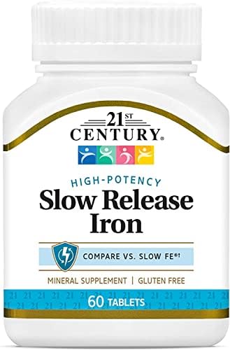 21st Century Slow Release Iron 45mg Tablets, Gentle on Stomach, 60 Count | High-Potency Ferrous Sulfate, Compare VS. Slow FE® & Healthy Red Blood Cells, Gluten Free, No Added Yeast, For Women & Men