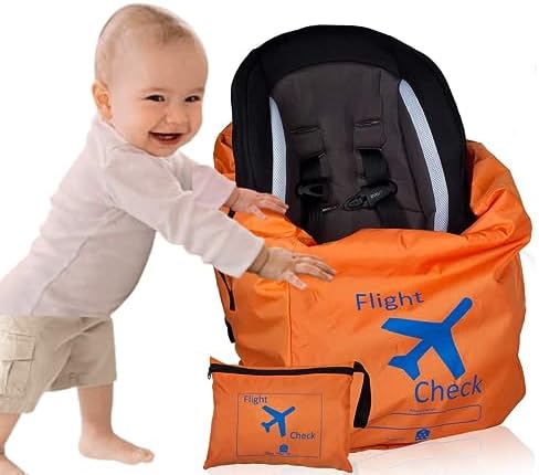 Car Seat Travel Bag and Carrier for Gate Check with Travel Pouch - Bright Orange with Blue Letters for Airport, Airplane Gate Check