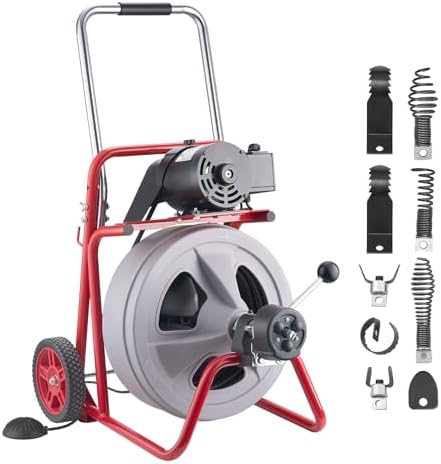 VEVOR Drain Cleaner Machine 100 FT x 1/2 Inch, Auto Feed Sewer Snake Drain Auger on Wheels, Portable Drain Cleaning Machine with 8 Cutters & Air-Activated Foot Switch for 2" to 6" Pipes