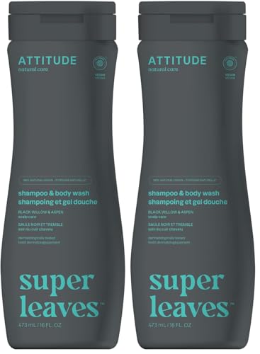 ATTITUDE 2-in-1 Body Wash & Shampoo for Men & Women, EWG Verified, Vegan, Natural Ingredients, Dermatologist-Tested, Ginseng and Grapeseed Oil, 16 Fl Oz