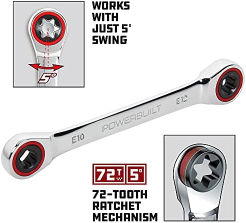 Powerbuilt E10/E12 Ratcheting Double Box-End E-Torx E-Star Wrench, 72-Tooth Ratcheting Wrench with 5-Degree Swing for Tight Spaces - 641760