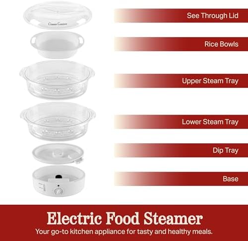 Classic Cuisine 2-Tier Vegetable Steamer and Rice Cooker, 120V 60Hz 800W | 6.3 Quart Electric Steamer for Cooking Healthy Fish, Eggs, Vegetables, Rice
