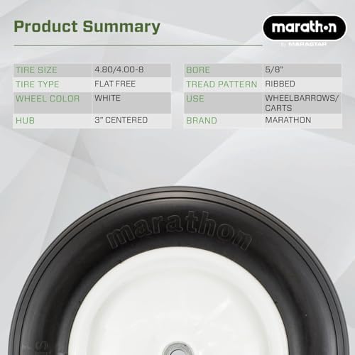 Marathon 4.80/4.00-8" Flat Free Tire on Wheel, 3" Hub, 5/8" Bearings, Ribbed Tread