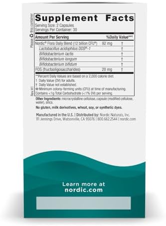 Nordic Naturals Nordic Flora Probiotic Daily, Immune Support - 60 Count | 4 strains, 12 billion CFU. Supports immune health, digestive wellness & optimal gut function. Vegan, Non-GMO. 30 servings.