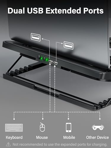 Kootek Laptop Cooling Pad Cooler Stand with 5 Quiet Fans for 12"-17" Laptop | 5 Fans, USB Powered, Laptop Cooling Stand with 2 USB Hub, 6 Adjustable Height, 360° Cooling Coverage, Anti-Slip, Blue LED