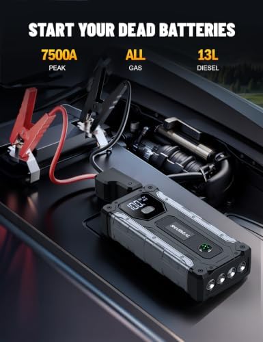 Sharmeal Car Battery Jump Starter 7000A, Jump Starter Battery Pack for All Gas and 12.0L Diesel, 12V Portable Jump Box with LED Light