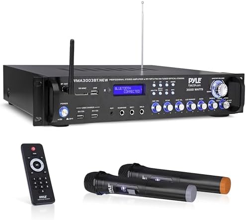 Pyle Bluetooth Home Audio Power Amplifier -4 Ch. 3000W, Stereo Receiver w/Speaker Selector, FM Radio, USB, Headphone, 2 Wireless Mics for Karaoke