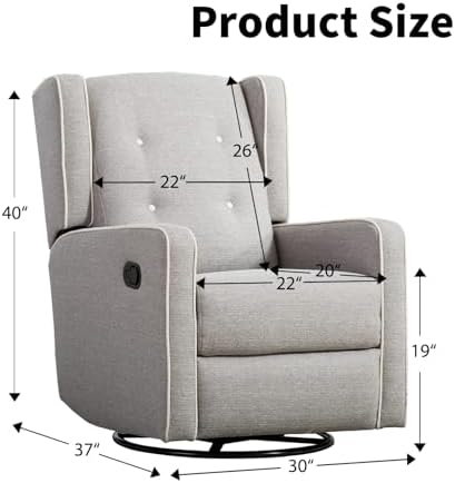 CANMOV Swivel Rocker Recliner Chair, Nursery Glider Chair, Nursery Rocking Chairs, Manual Reclining Chair, Grey