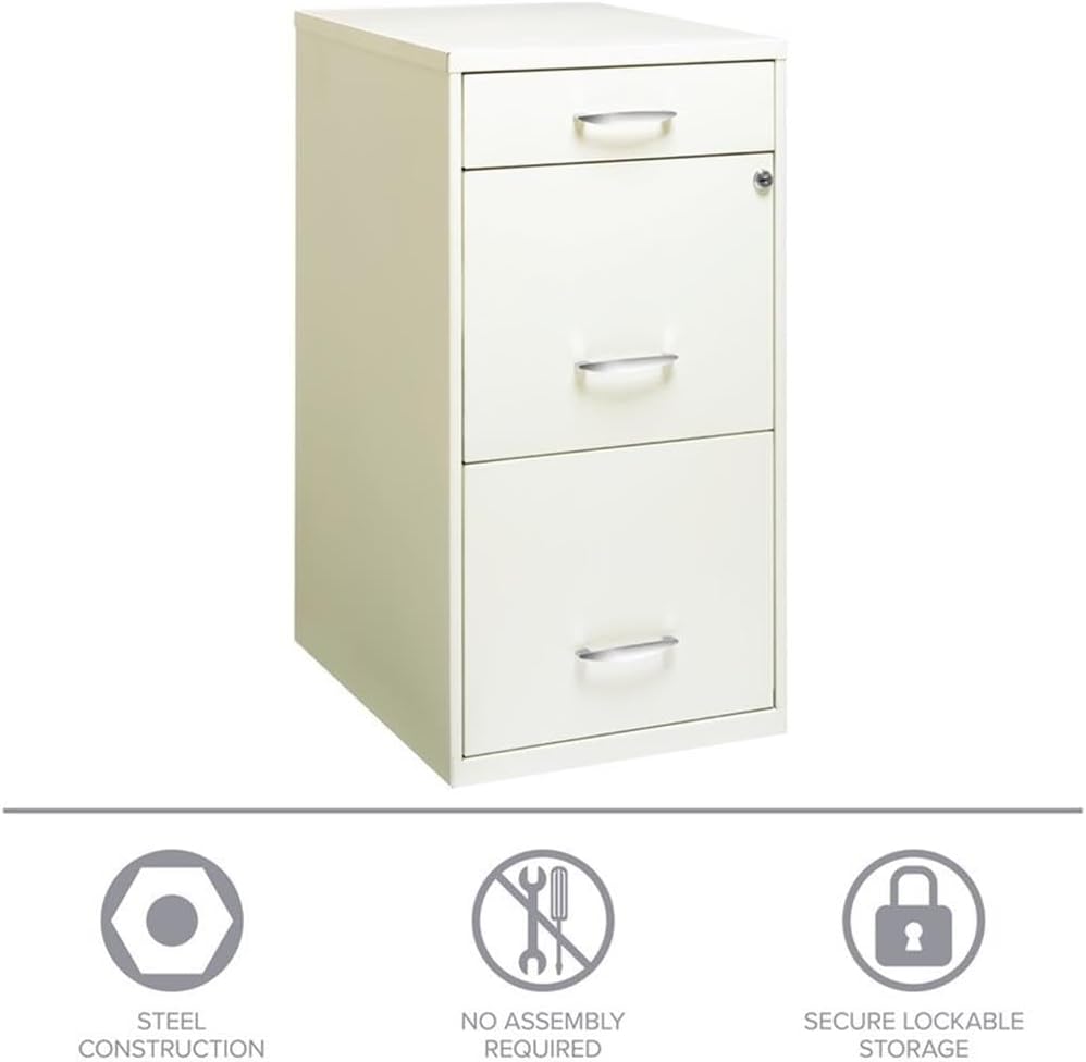 Scranton & Co 3-Drawer Metal Filing Cabinet, 27.32" H x 14.25" W x 18.00" D, Pearl White Finish, Locking Storage with Letter-Size File Drawers, Non-Porous Painted Steel for Home or Office
