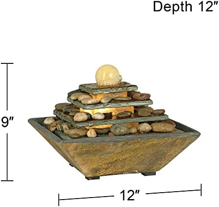 Pyramid 10" High Feng Shui Ball Lighted Table Indoor Small Fountain | Zen Modern Decor Slate Stone Tabletop with Light Waterfall Rock Water Feature for Desk Relaxation Bedroom Living Room