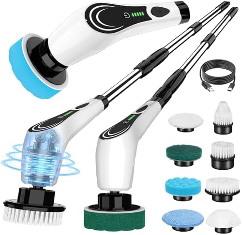6-in-1 Cordless Electric Spin Scrubber with Long Handle | Power scrubber, bathroom scrubber, 47.2 in long handle, 2 speed scrub brush, IPX7 rated body, kitchen, tile, tub, floor