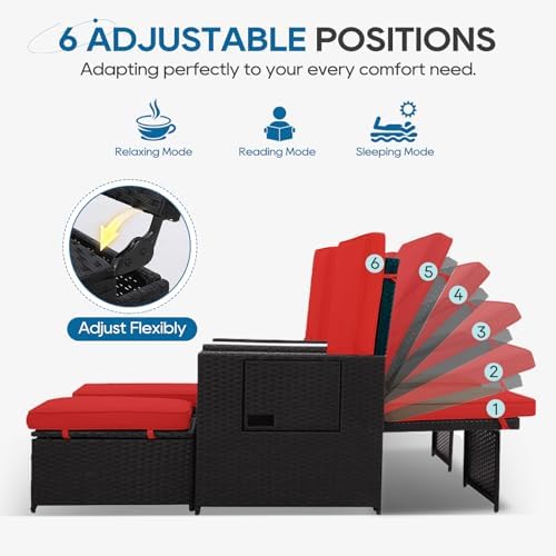 5PCS Outdoor Wicker Chaise Lounge Chair - Rattan Adjustable Reclining Patio Lounge Chair with Ottoman and Coffee Table