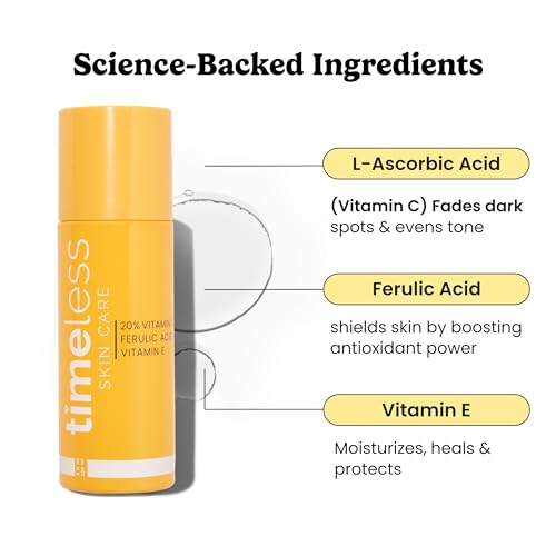 Timeless Skin Care Vitamin C Serum with Vitamin E & Ferulic Acid - Brightening Serum - for Oily & Dry Skin - Fragrance-Free - 1 oz | Vitamin C Serum for Even Skin Tone and Collagen Support, Antioxidant-Rich Advanced Skincare Formula, Lightweight