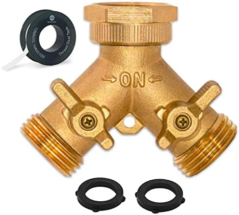 Brass Heavy-Duty Garden Hose Water Splitter | LEAD-FREE 2-Way Y Splitter for Water Spigot & Faucet | Manifold Connector ON/OFF Valves w/Improved Comfort Grip, 3 Extra Washers & Teflon Tape