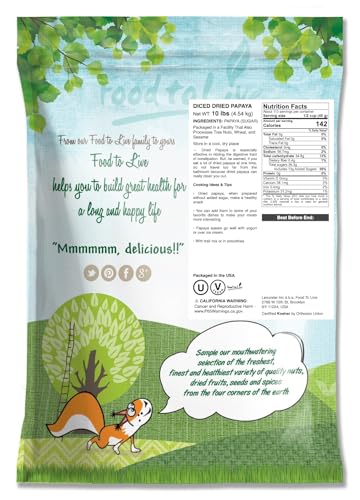 Food to Live Dried Diced Papaya, 10 Pounds Kosher, Vegan, Sweetened, Unsulfured, Bulk