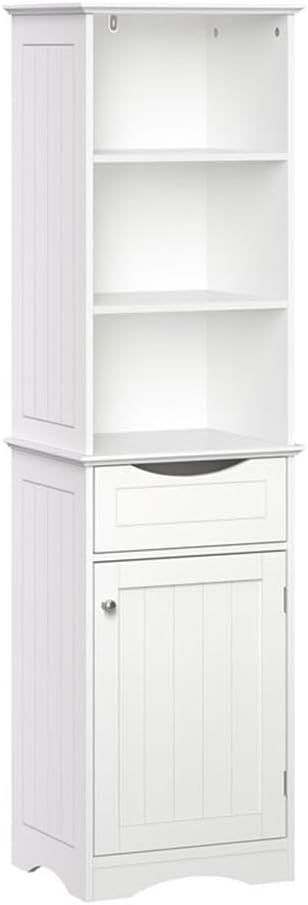 RiverRidge, White Ashland Bathroom Freestanding Storage Cabinet with Three Open Shelves and Drawer