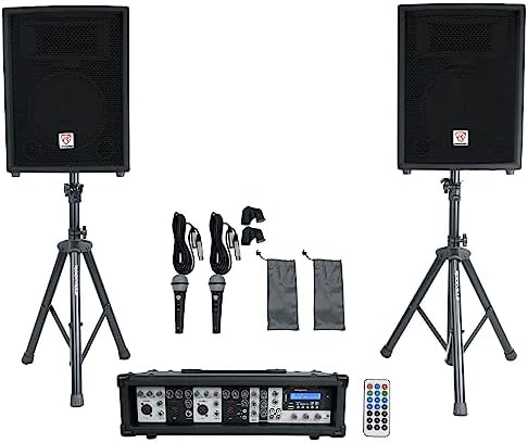 Rockville RPG2X10 10" PA Speaker Pair with Mixer and 2 UHF Wireless Mics