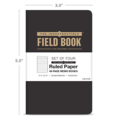 Elan Publishing Company The Indestructible, Waterproof, Tearproof, Weatherproof Field Notebook - 3.5"x5.5" - Black- Lined Memo Book - Pack of 4