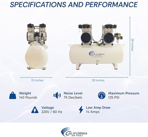 California Air Tools 20040CAD Powerful 4.0 HP Ultra Quiet and Oil-Free Air Compressor, 20 Gallon Tank, 75 dB Noise Level, White, 220v 60hz, with Automatic Drain Valve