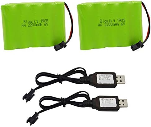 Blomiky 2 Pack 6.0V 2200mAh NiMH Rechargeable Battery with SM-2P Black 2 pin Plug and USB Cable fit for RC Car Vehicles Trucks 6V NiMh 2