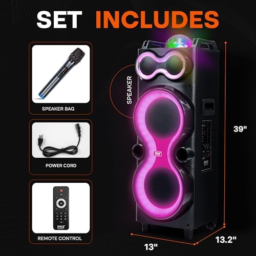 Pyle Bluetooth Speaker System with Wireless Mic, 240W PA and Karaoke Machine, Dual 10" Inch Speakers, Rechargeable Battery, USB/SD/AUX/FM Radio
