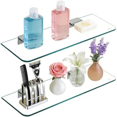 Glass Shower Shelves for Bathroom 2 Tiers Tempered Glass Floating Wall Mounted Shelves for Inside Shower Adhesive Organizer Storage with Aluminum