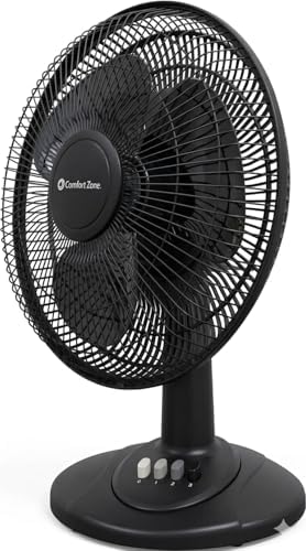 Comfort Zone 12 inch Table Fan with Adjustable Tilt, Wide Area Oscillation, Quiet Air Circulator Fan For Bedroom, 3 Speed Desktop Fan for Home Office, Push Button Controls, White