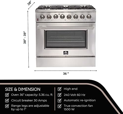 FORNO Galiano Dual Fuel 36" Inch. Freestanding Range 6 Sealed Brass Burners Cooktop - 5.36 Cu. Ft. Convection Electric Oven - Stainless Steel Stove
