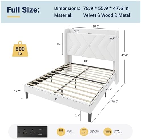 Allewie Full Size Platform Bed Frame with Charging Station and Storage Shelf/Upholstered Velvet Wingback Headboard/Wooden Slats Support/No Box Spring Needed/Easy Assembly, White
