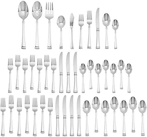 Mikasa Harmony 45-Piece Silverware Set, 18/10 Stainless Steel Cutlery for 8, Includes Forks, Knives, Spoons, and 5-Piece Serving Utensils Set
