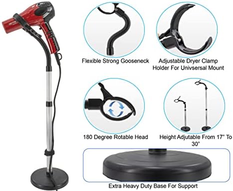 Hair Dryer Stand Holder - Hands Free, Adjustable Height & 360-Degree Rotation, Heavy Base