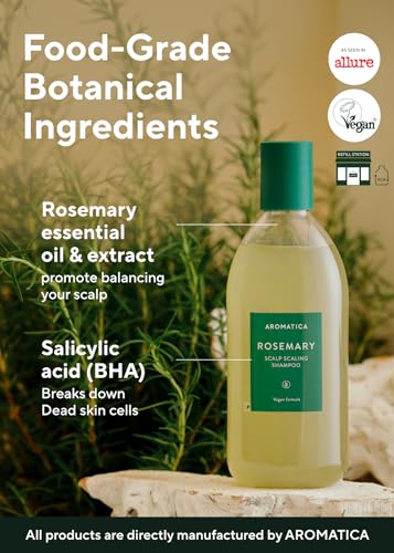 AROMATICA Rosemary Scalp Scaling Shampoo for Hair Growth | Korean Hair Care for Thinning Hair & Hair Loss, Natural Essential Oil, Vegan, Sulfate Silicone Paraben Free (13.53 oz)