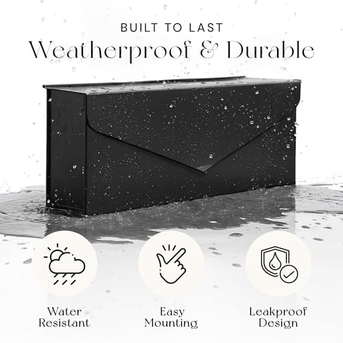 NACH Black Envelope Wall Mount Mailbox, Rust Resistant Metal Mailbox, Black Mailbox Wall Mount, Mailboxes for Outside Wall Mount, Outdoor Mailboxes, Wall Mailbox, 14.1 x 3.5 x 6 Inches, MB-6915BLK