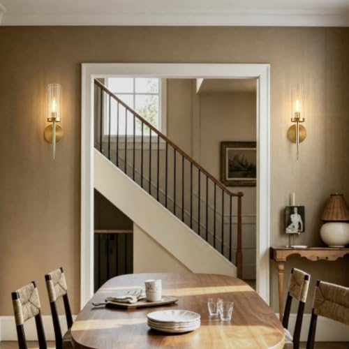 Modern Brushed Brass Wall Sconce, 1-Light Wall Lamp with Clear Glass Shade | H16.9", Mounted Light, with E12 Socket, Ideal for Bathroom Vanity Mirror