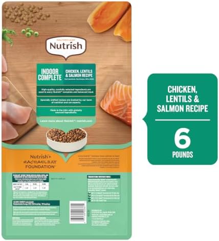 Nutrish Indoor Complete Dry Cat Food, 3 lb. Bag (Rachael Ray) | Chicken, Lentils & Salmon Recipe, Crafted for Adult Indoor Cats, Veterinarian Reviewed Formula