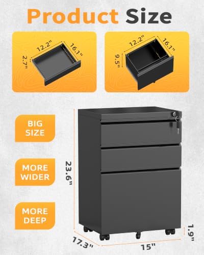 3 Drawer Mobile File Cabinet with Lock, Under Desk Metal Filing Cabinet for Letter/Legal/A4 Size, Fully Assembled Except Casters, Rolling Office Organizer for Home Office, Black