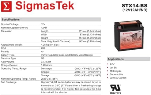 Honda 420CC TRX420 Rancher 4x4, 2007-2009 ATV Compatible SLA Motorcycle Battery by SigmasTek, STX14-BS 200CCA