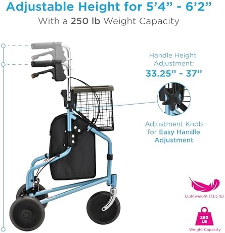 NOVA Traveler Folding 3-Wheel Walker with Tray, Basket, Pouch & Cup Holder, Lightweight Mobility Aid for Seniors & Adults, 8” All-Terrain Wheels for Tight Spaces & Travel, Sky Blue